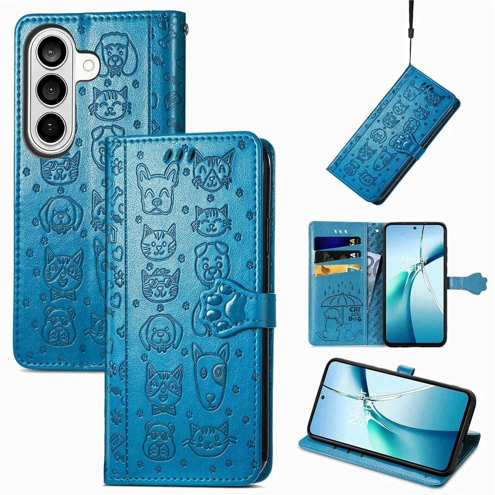 For Samsung Galaxy S26+ Case Flip Wallet Leather Phone Cover with Cute Cat Dog Pattern - Blue - 4