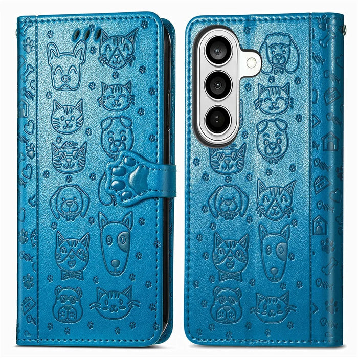 For Samsung Galaxy S26 Case Flip Wallet Leather Phone Cover with Cute Cat Dog Pattern - Blue - 1