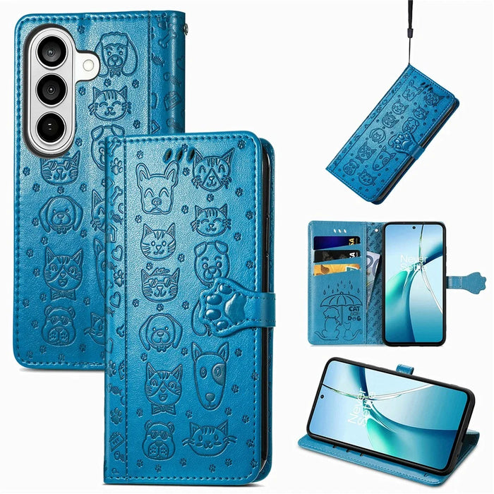 For Samsung Galaxy S26 Case Flip Wallet Leather Phone Cover with Cute Cat Dog Pattern - Blue - 4