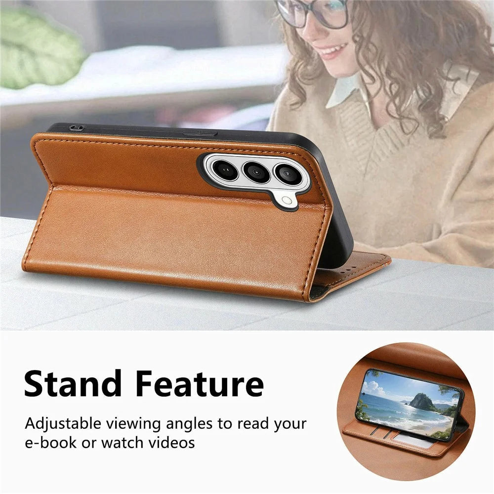For Samsung Galaxy S26 Case Wallet Tri-Color Stitching Leather Phone Cover with Elastic Wristband - Brown - 4