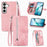 For Samsung Galaxy S26+ Zipper Wallet Case with Strap Flower Imprint PU Leather Phone Cover - Pink - 1