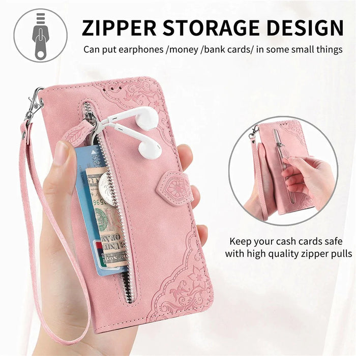 For Samsung Galaxy S26+ Zipper Wallet Case with Strap Flower Imprint PU Leather Phone Cover - Pink - 5