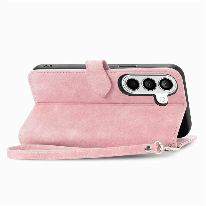 For Samsung Galaxy S26 Zipper Wallet Case with Strap Flower Imprint PU Leather Phone Cover - Pink - 4