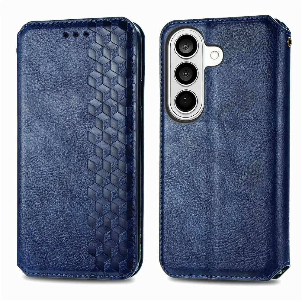 For Samsung Galaxy S26+ Case Rhombus Imprint PU Leather Wallet Phone Cover - Blue - 1