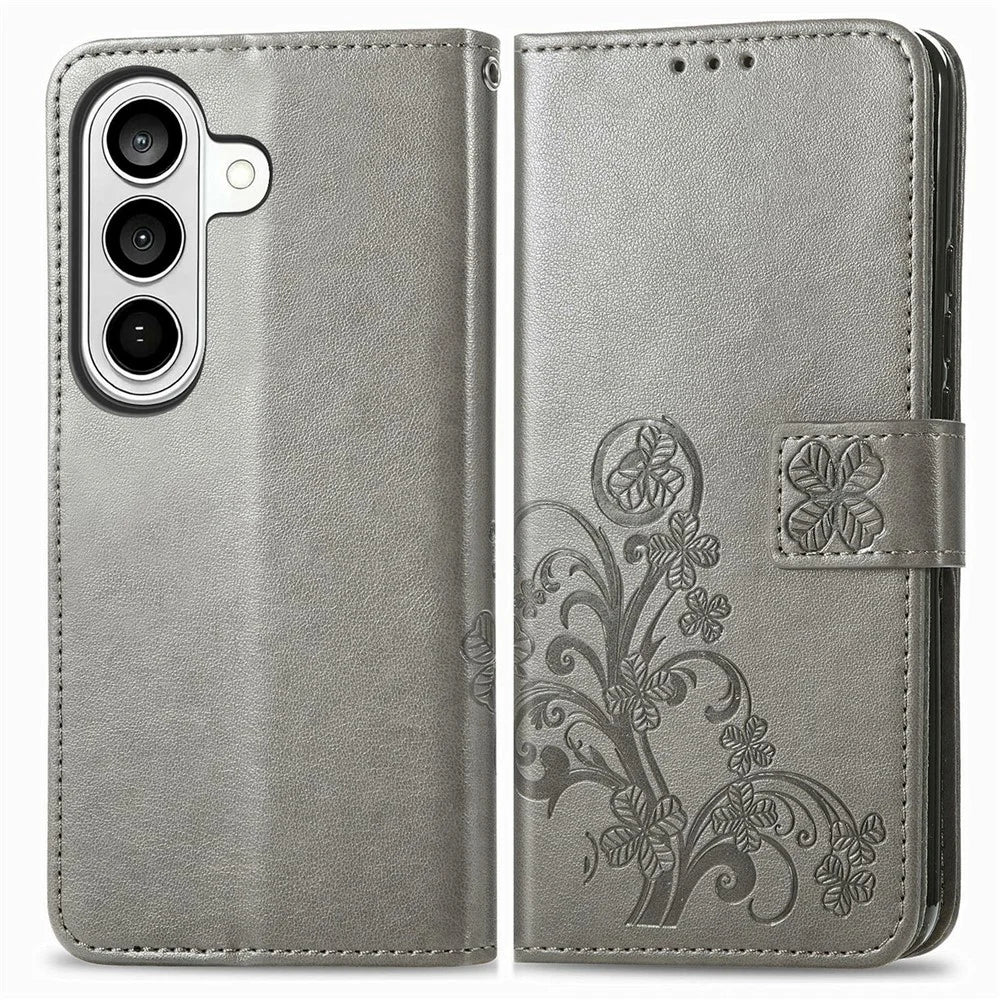 For Samsung Galaxy S26+ Leather Case Four-Leaf Clover Wallet Phone Cover - Grey - 1