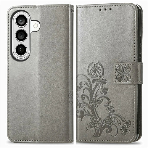 For Samsung Galaxy S26+ Leather Case Four-Leaf Clover Wallet Phone Cover - Grey - 1
