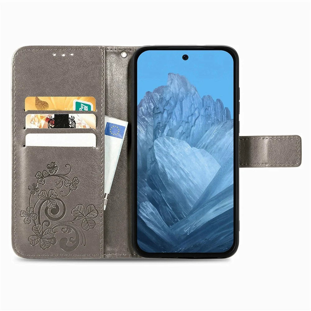 For Samsung Galaxy S26+ Leather Case Four-Leaf Clover Wallet Phone Cover - Grey - 2