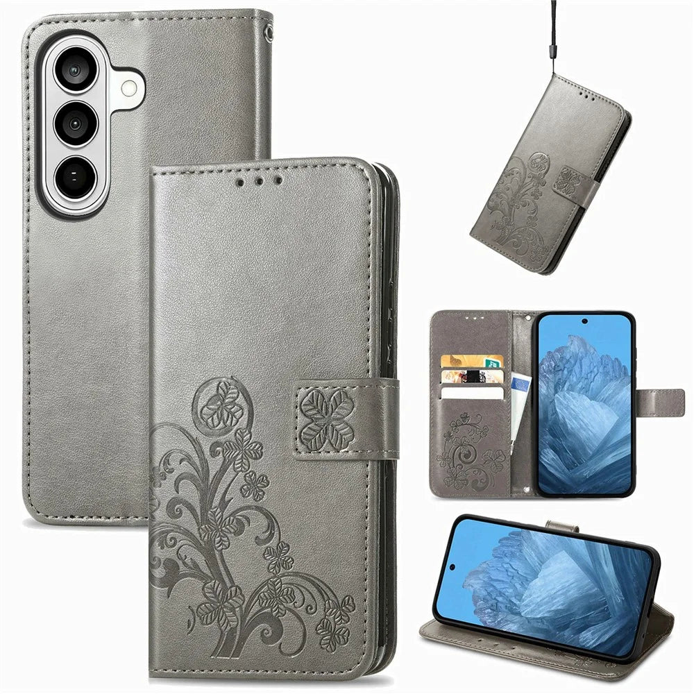 For Samsung Galaxy S26+ Leather Case Four-Leaf Clover Wallet Phone Cover - Grey - 4