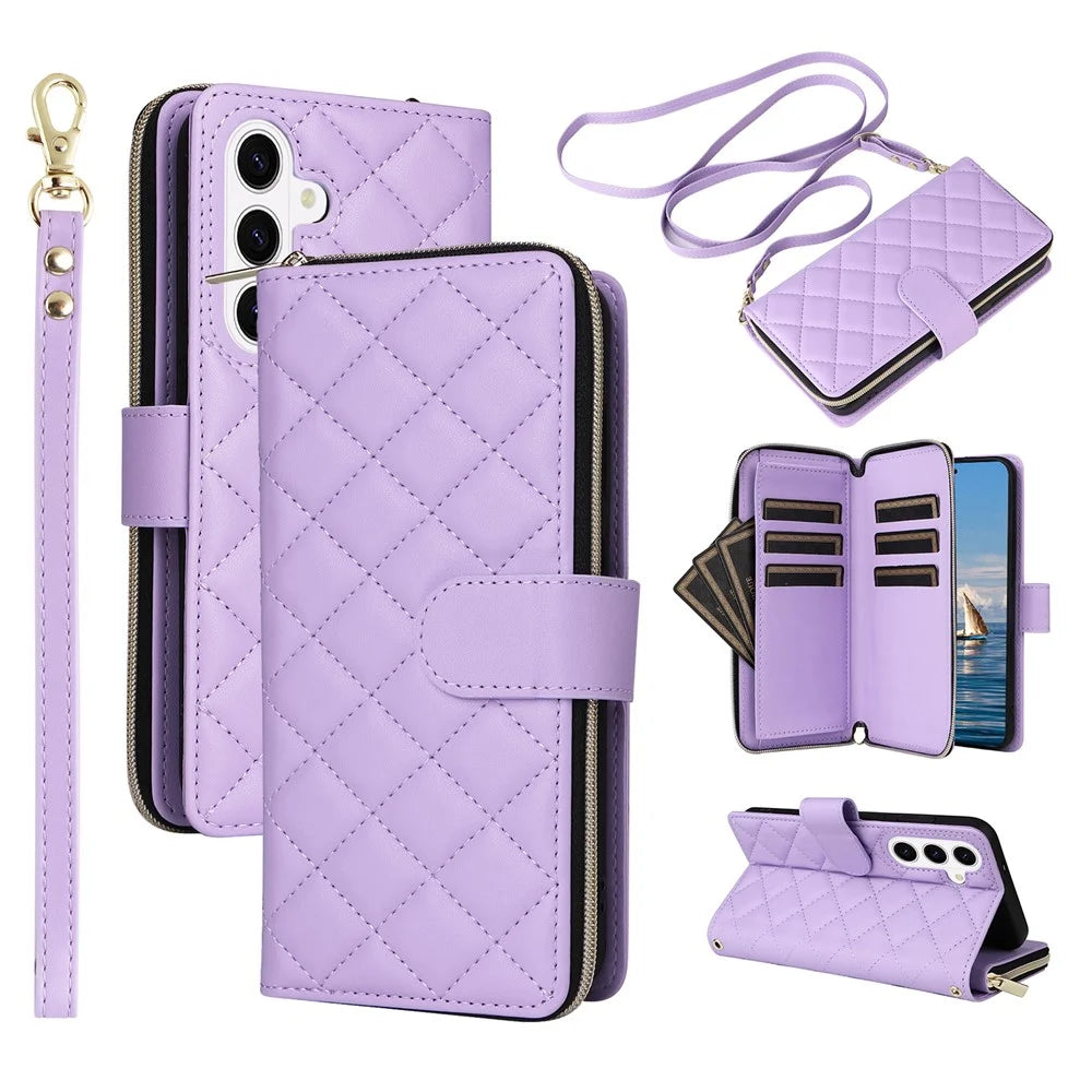 Phone Case For Samsung Galaxy S26 Zipper Wallet Rhombus PU Leather Crossbody Phone Cover - Purple - 1
