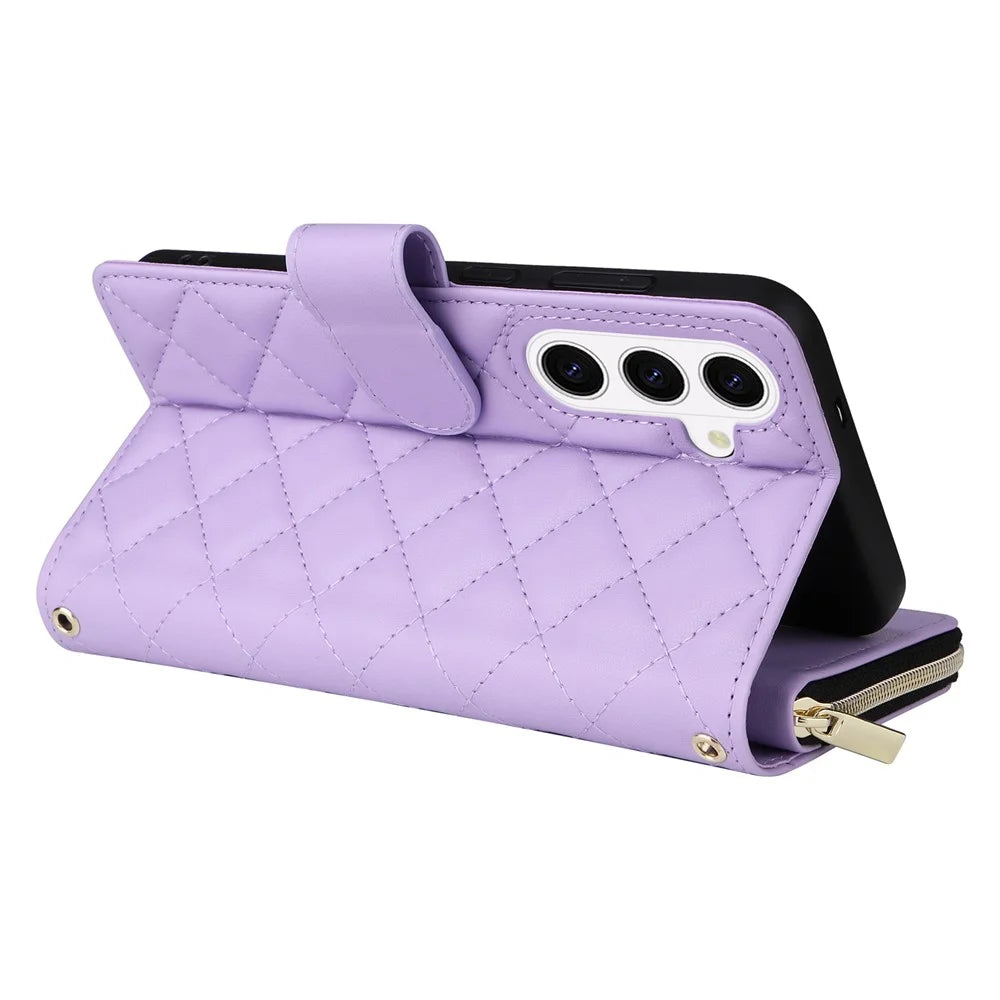 For Samsung Galaxy S26+ Case Zipper Wallet Rhombus PU Leather Crossbody Phone Cover - Purple - 5
