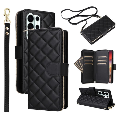 For Samsung Galaxy S26 Ultra Case Zipper Wallet Rhombus PU Leather Crossbody Phone Cover - Black - 1