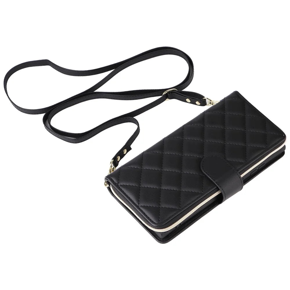 For Samsung Galaxy S26 Ultra Case Zipper Wallet Rhombus PU Leather Crossbody Phone Cover - Black - 6