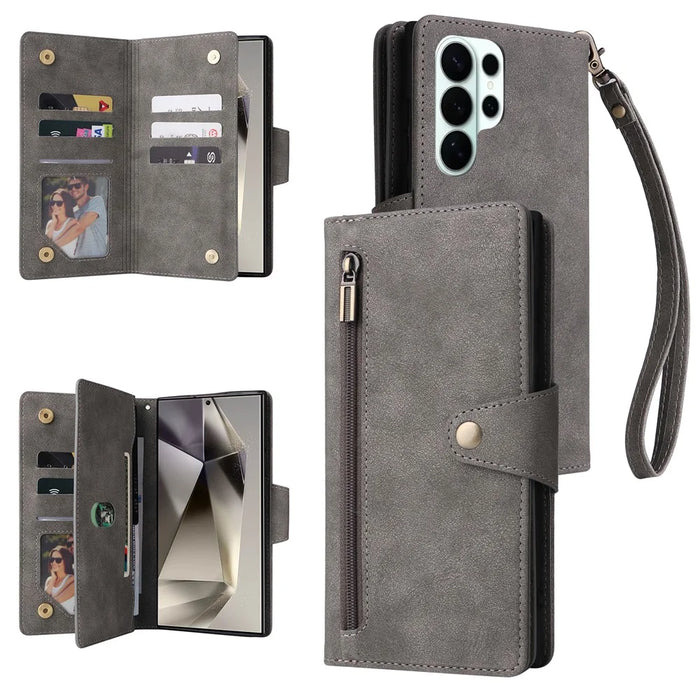 For Samsung Galaxy S26 Ultra Case Zipper Wallet Rivet Decor Leather Phone Cover with Wrist Strap - Grey - 1
