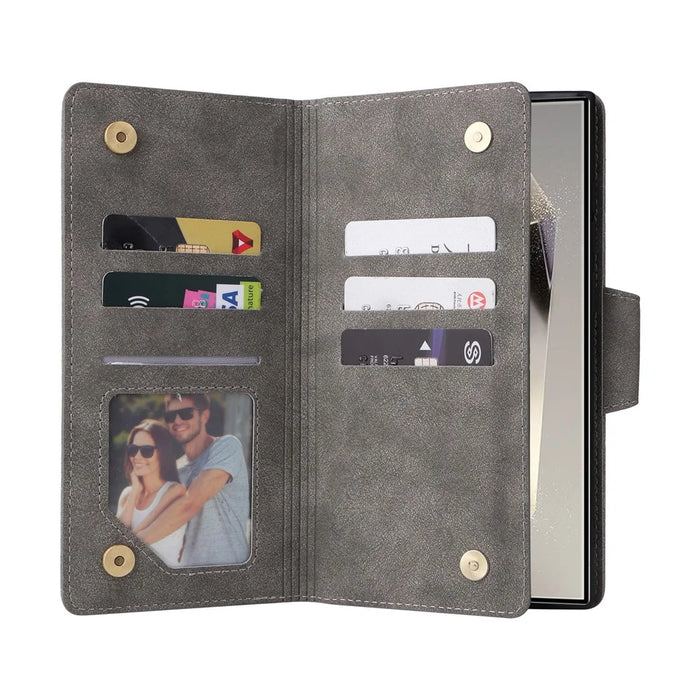 For Samsung Galaxy S26 Ultra Case Zipper Wallet Rivet Decor Leather Phone Cover with Wrist Strap - Grey - 2