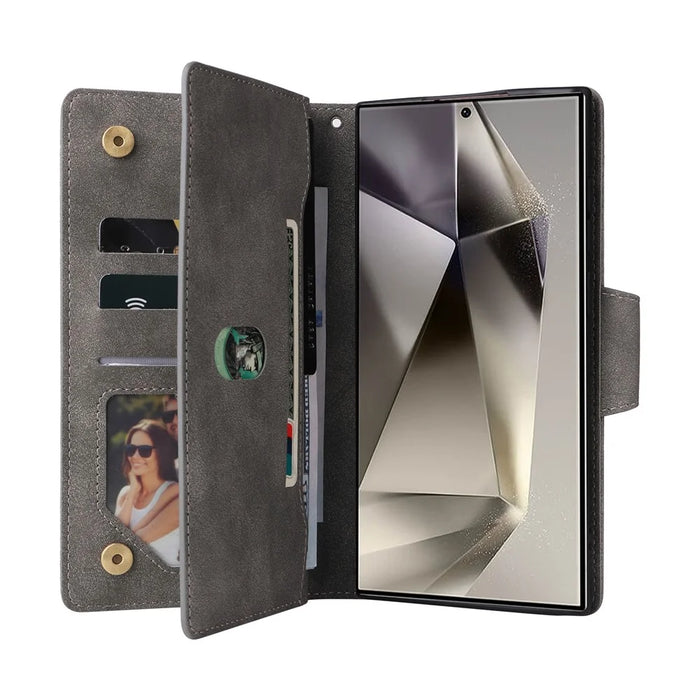 For Samsung Galaxy S26 Ultra Case Zipper Wallet Rivet Decor Leather Phone Cover with Wrist Strap - Grey - 3