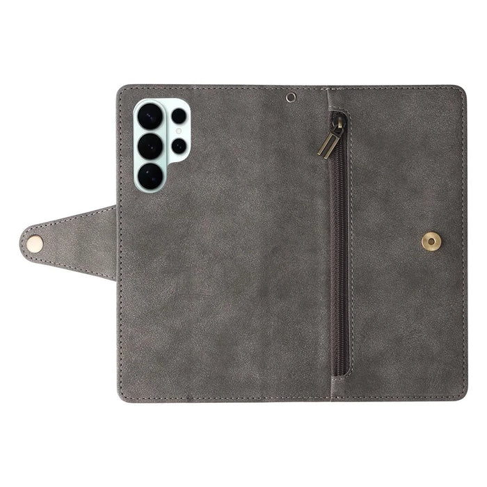 For Samsung Galaxy S26 Ultra Case Zipper Wallet Rivet Decor Leather Phone Cover with Wrist Strap - Grey - 4