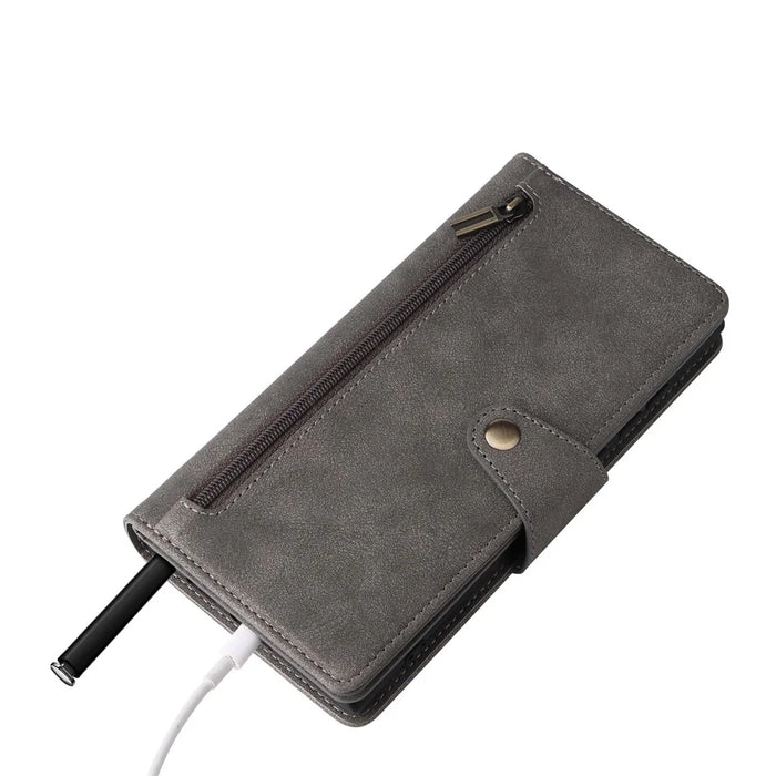 For Samsung Galaxy S26 Ultra Case Zipper Wallet Rivet Decor Leather Phone Cover with Wrist Strap - Grey - 7