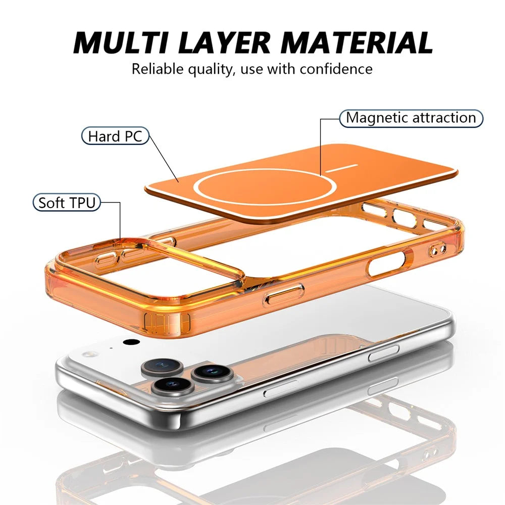 For iPhone 17 Pro Magnetic Case TPU + PC Shockproof Phone Cover - Transparent Orange - 7