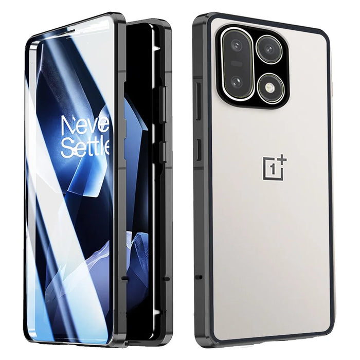 For OnePlus 15 5G Case Double-Sided Tempered Glass Metal Frame Phone Cover with Lens Protector - Black - 1