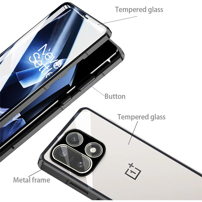 For OnePlus 15 5G Case Double-Sided Tempered Glass Metal Frame Phone Cover with Lens Protector - Black - 4