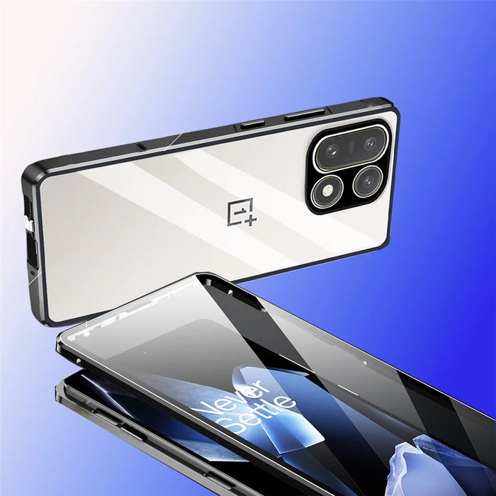 For OnePlus 15 5G Case Double-Sided Tempered Glass Metal Frame Phone Cover with Lens Protector - Black - 7