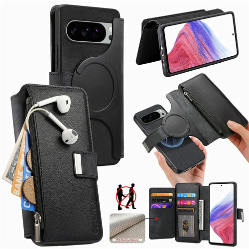 CASENEO MW-02 Phone Case For Google Pixel 9 Pro  /  Pixel 9 Detachable Magnetic Leather Flip Cover - Black - 1