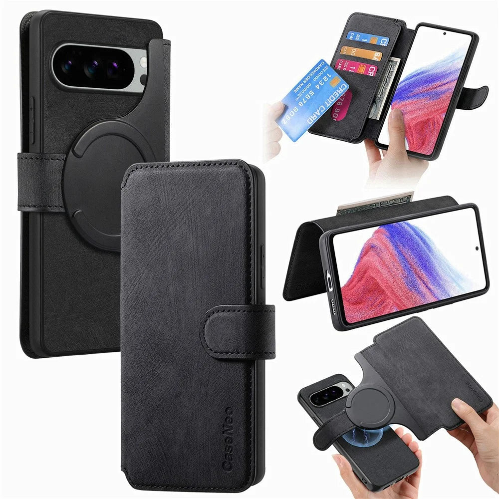CASENEO MW-03 For Google Pixel 9 Pro XL Magnetic Case Detachable Leather Phone Wallet Cover - Black - 1