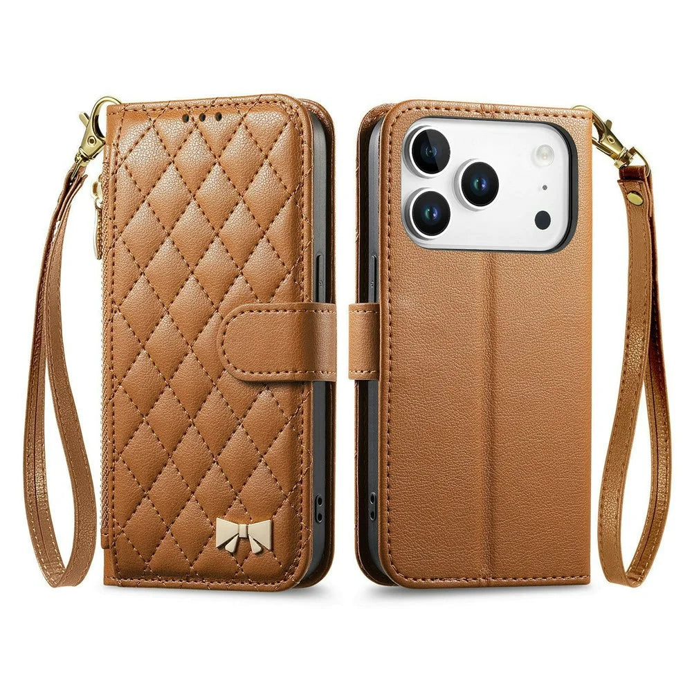 For iPhone 18 Pro / 17 Pro Stand Case Imprint TPU PU Leather Zipper Pocket Wallet Phone Cover with Strap - Brown - 1