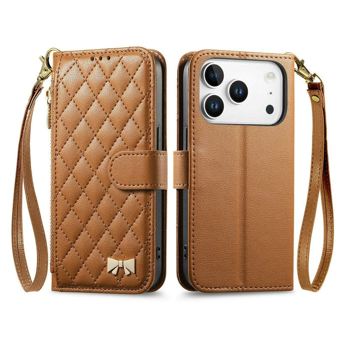 For iPhone 18 Pro / 17 Pro Stand Case Imprint TPU PU Leather Zipper Pocket Wallet Phone Cover with Strap - Brown - 1