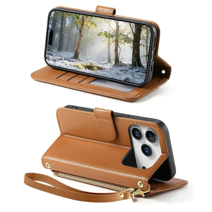 For iPhone 18 Pro / 17 Pro Stand Case Imprint TPU PU Leather Zipper Pocket Wallet Phone Cover with Strap - Brown - 3