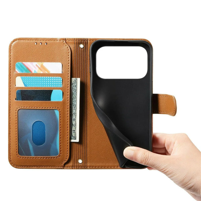 For iPhone 18 Pro / 17 Pro Stand Case Imprint TPU PU Leather Zipper Pocket Wallet Phone Cover with Strap - Brown - 5