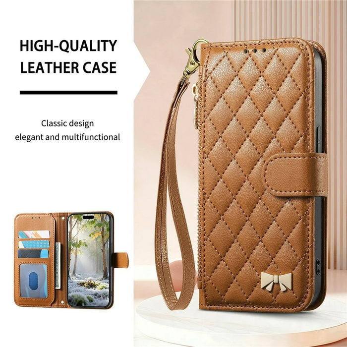 For iPhone 18 Pro / 17 Pro Stand Case Imprint TPU PU Leather Zipper Pocket Wallet Phone Cover with Strap - Brown - 6