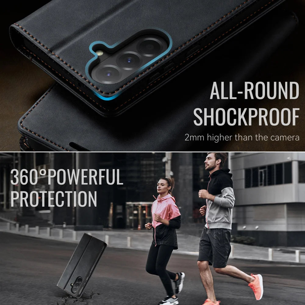 CASEME For Samsung Galaxy A37 5G Case  033 Series RFID Blocking Wallet Stand Calf Texture Leather Phone Cover - Black - 6