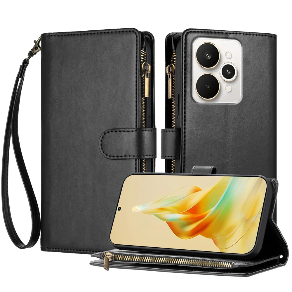 For Realme 15 5G / Realme 15 Pro 5G Leather Case Zipper Wallet Stand Shockproof Phone Cover with Wrist Strap - Black - 1
