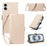For iPhone 16 Leather Case Rhinestone Decor Rhombus Pattern Wallet Stand Flip Phone Cover with Straps - Apricot - 1