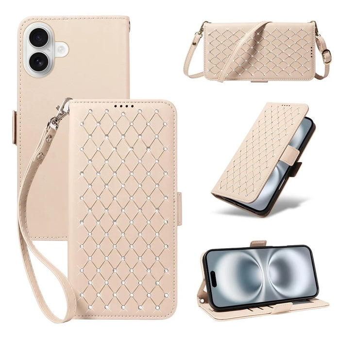 For iPhone 16 Leather Case Rhinestone Decor Rhombus Pattern Wallet Stand Flip Phone Cover with Straps - Apricot - 1