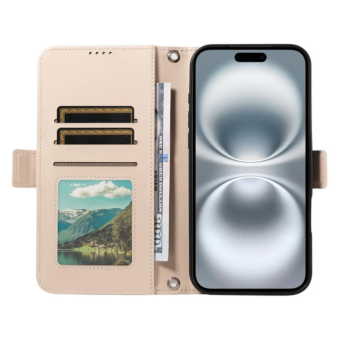 For iPhone 16 Leather Case Rhinestone Decor Rhombus Pattern Wallet Stand Flip Phone Cover with Straps - Apricot - 2