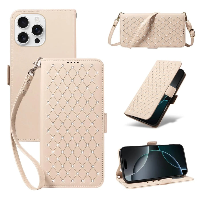 For iPhone 16 Pro Leather Case Rhinestone Decor Rhombus Pattern Wallet Stand Flip Phone Cover with Straps - Apricot - 1