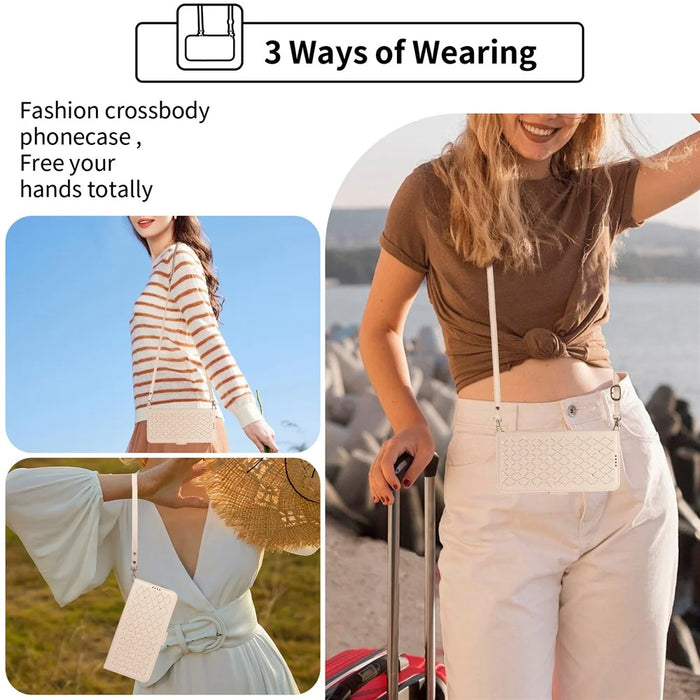 For iPhone 16 Pro Leather Case Rhinestone Decor Rhombus Pattern Wallet Stand Flip Phone Cover with Straps - Apricot - 7