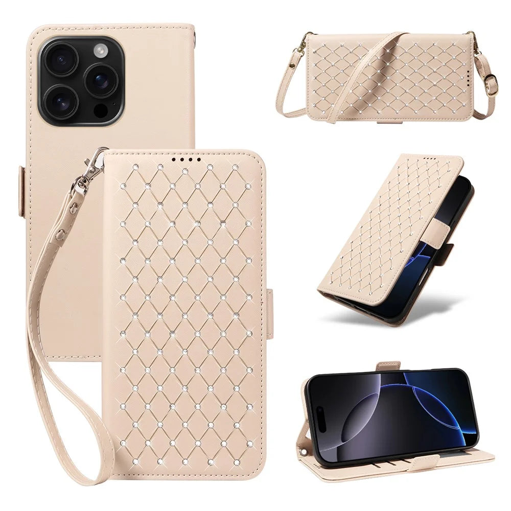 For iPhone 16 Pro Max Leather Case Rhinestone Decor Rhombus Pattern Wallet Stand Flip Phone Cover with Straps - Apricot - 1