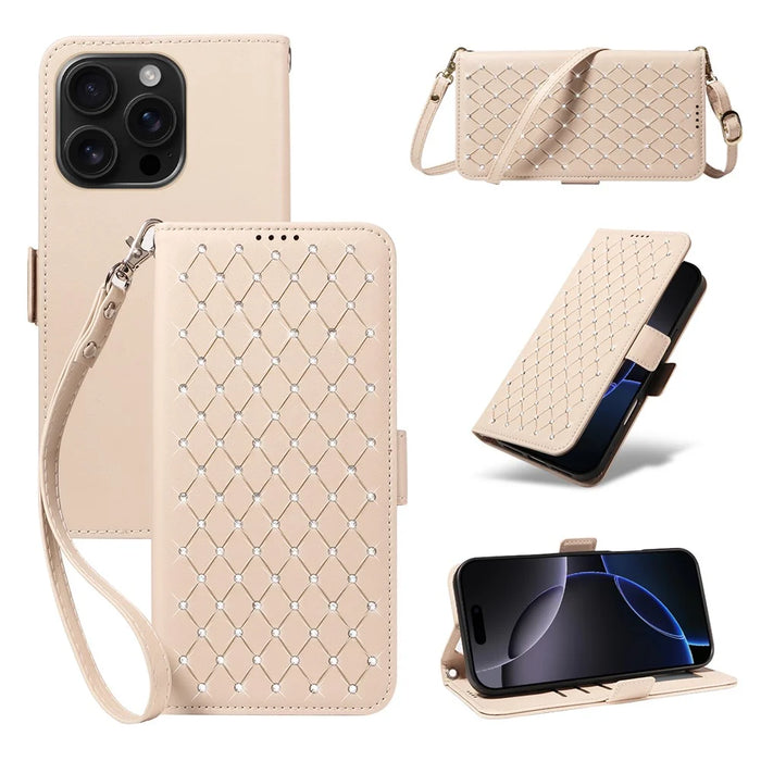 For iPhone 16 Pro Max Leather Case Rhinestone Decor Rhombus Pattern Wallet Stand Flip Phone Cover with Straps - Apricot - 1