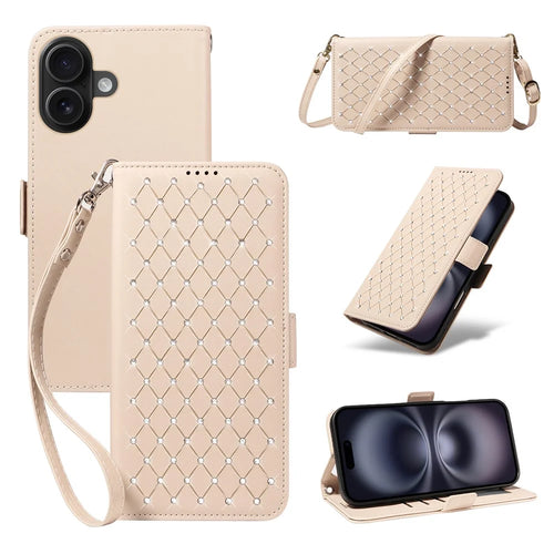 For iPhone 16 Plus Leather Case Rhinestone Decor Rhombus Pattern Wallet Stand Flip Phone Cover with Straps - Apricot - 1