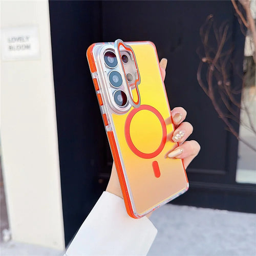 For Samsung Galaxy S26 Ultra Magnetic Case TPU Acrylic Phone Back Cover with Lens Film and Kickstand - Orange - 1