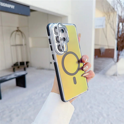 For Samsung Galaxy S26 Ultra Magnetic Case Fluorescent Design TPU Acrylic Phone Back Cover with Lens Frame Kickstand - Black - 1