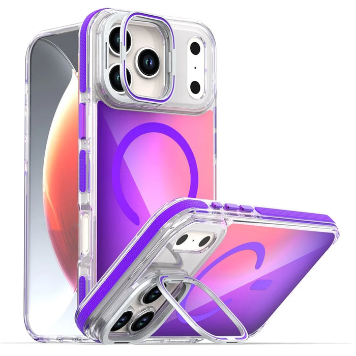 For iPhone 17 Pro Max Magnetic Case Fluorescent Design TPU Acrylic Phone Back Cover with Lens Frame Kickstand - Purple - 1