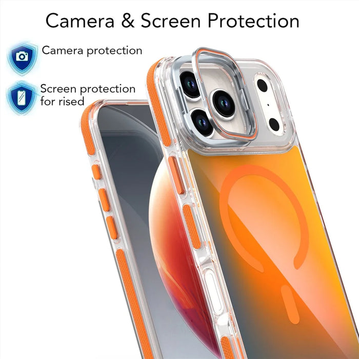 For iPhone 17 Pro Max Magnetic Case Fluorescent Design TPU Acrylic Phone Back Cover with Lens Frame Kickstand - Purple - 5