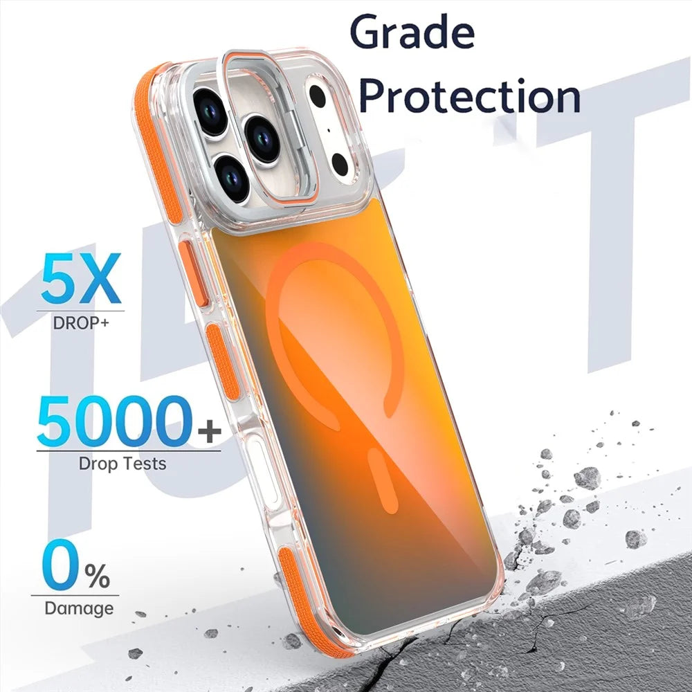 For iPhone  18 Pro / 17  Pro Magnetic Case Fluorescent Design TPU Acrylic Phone Back Cover with Lens Frame Kickstand - Purple - 4