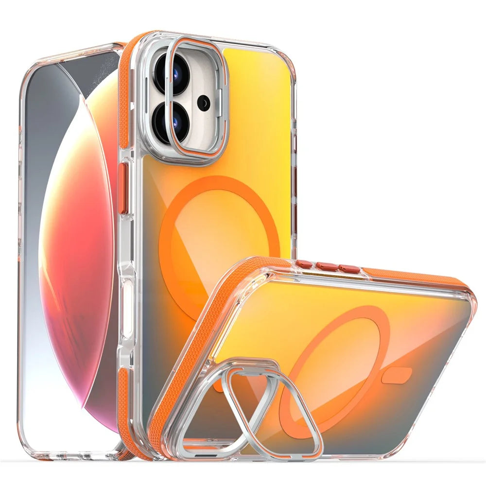 For iPhone 17 Magnetic Case Fluorescent Design TPU Acrylic Phone Back Cover with Lens Frame Kickstand - Orange - 1