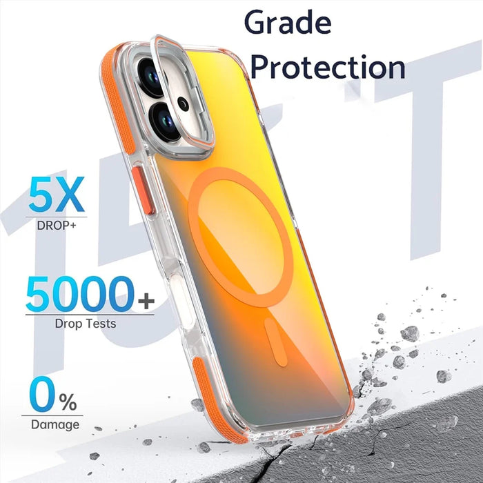 For iPhone 17 Magnetic Case Fluorescent Design TPU Acrylic Phone Back Cover with Lens Frame Kickstand - Orange - 4