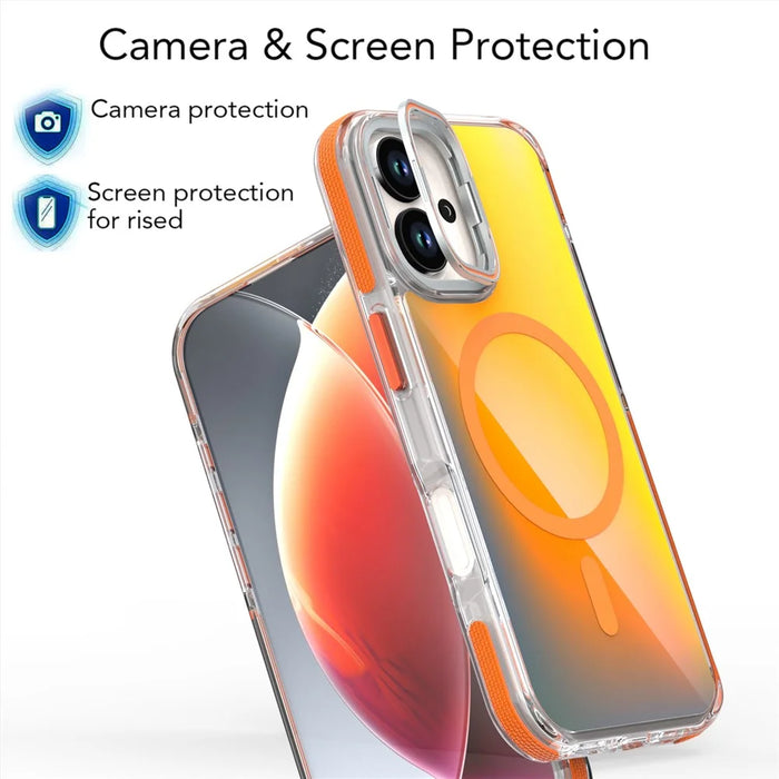 For iPhone 17 Magnetic Case Fluorescent Design TPU Acrylic Phone Back Cover with Lens Frame Kickstand - Orange - 5